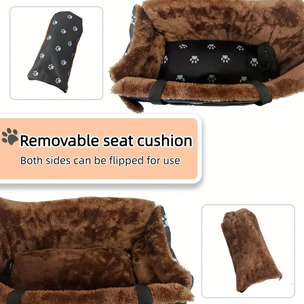 Pet Car Armrest Console Nest - Portable Back-Mounted Small Dog and Cat Car Seat Bed, Center Console Pet Nest with Paw Print Design, Cozy Travel Companion for Small Pets, Black & Grey Footprints