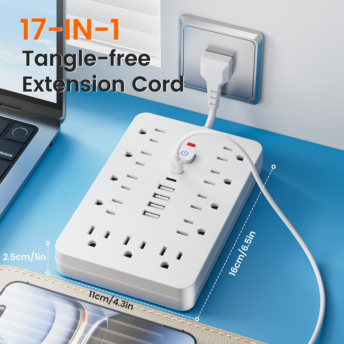 防雷防涌排插 11个AC插孔 | 4个USB-A & 2个USB-C端口，过载保护，短线/5英尺/10英尺延长线 – 家用、办公、桌面及校园多插口电源排插 – 白色 & 黑色
