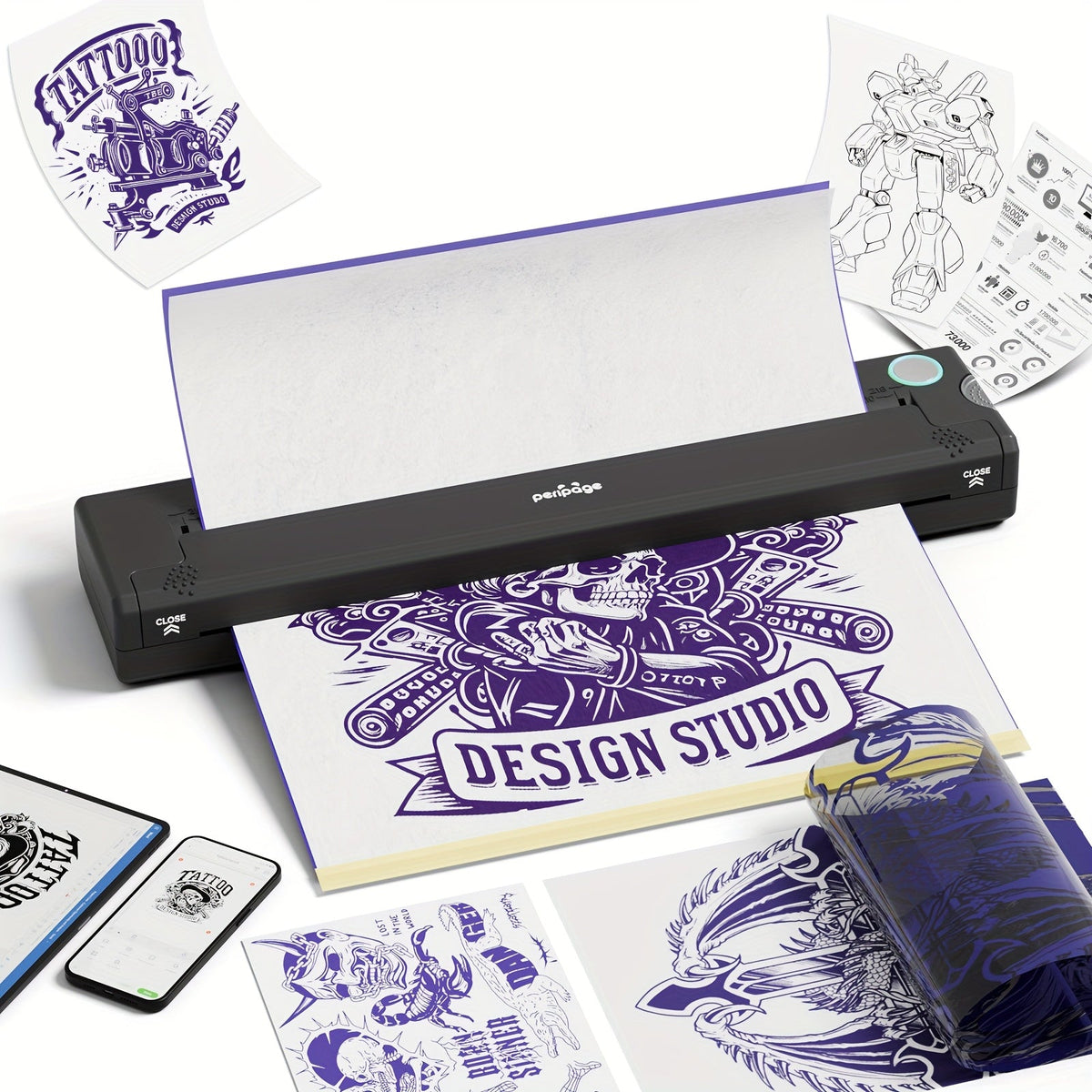 Peripage P90 Tattoo Stencil Printer – Portable Thermal Printer for Tattoo Transfer Paper, Compatible with iOS, Android & PC, Mini Wireless Printer Includes 5pcs A4 Transfer Paper, Gift for Tattoo Artists