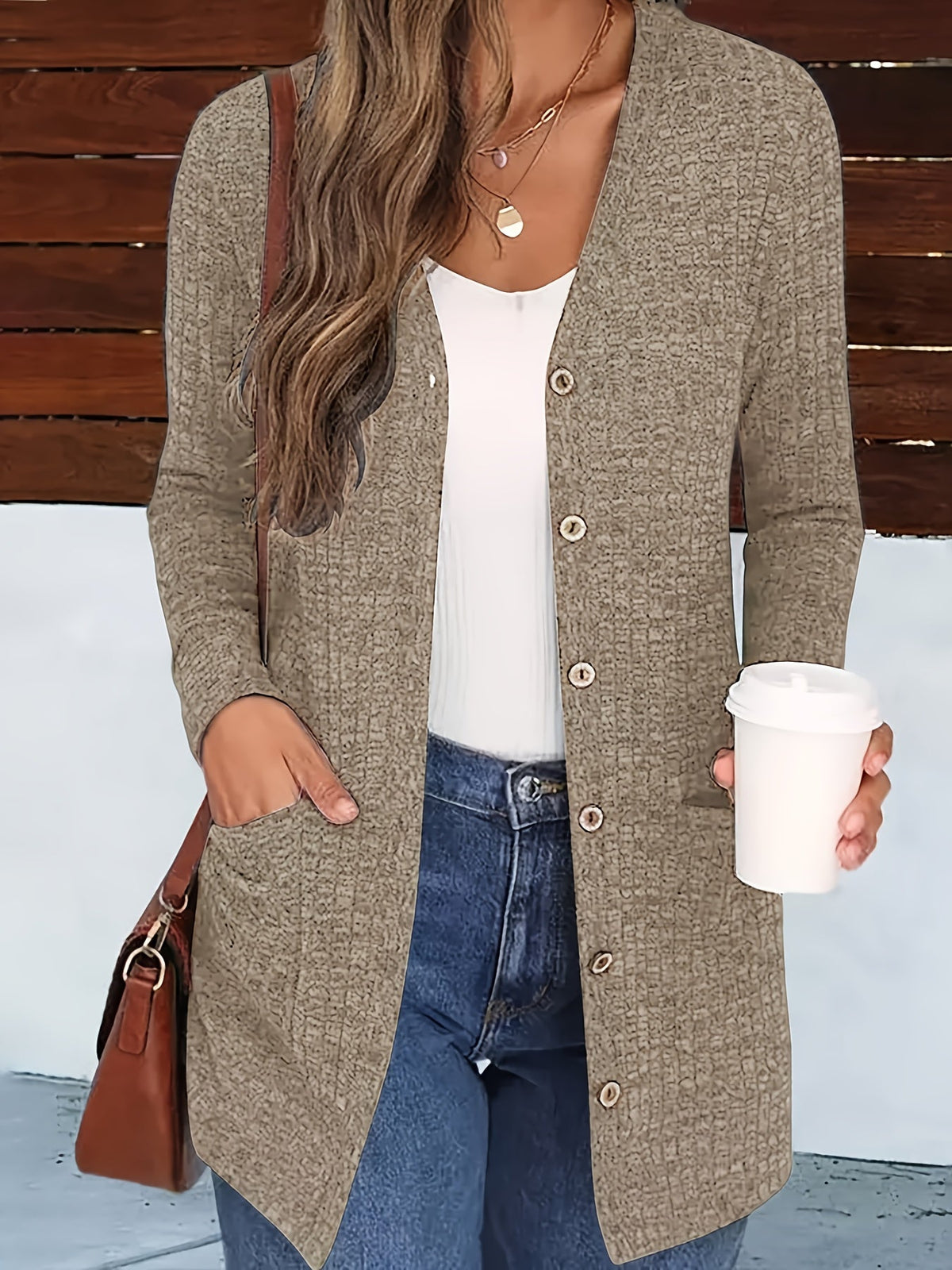 Women's V-Neck Button-Down Knit Cardigan with Pockets, Solid Color Fall Winter Sweater Coat S-XXL