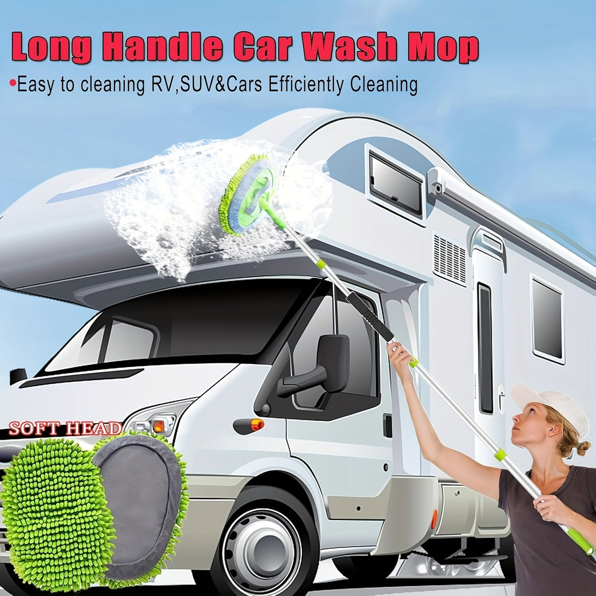 69-Inch Car Wash Brush with Long Handle, 8-Piece Car Wash Kit – Tire Brush, Window Squeegee, Chenille Microfiber Mitt, Detailing Brushes for Car, Truck, SUV, RV – Extendable Car Cleaning Supplies