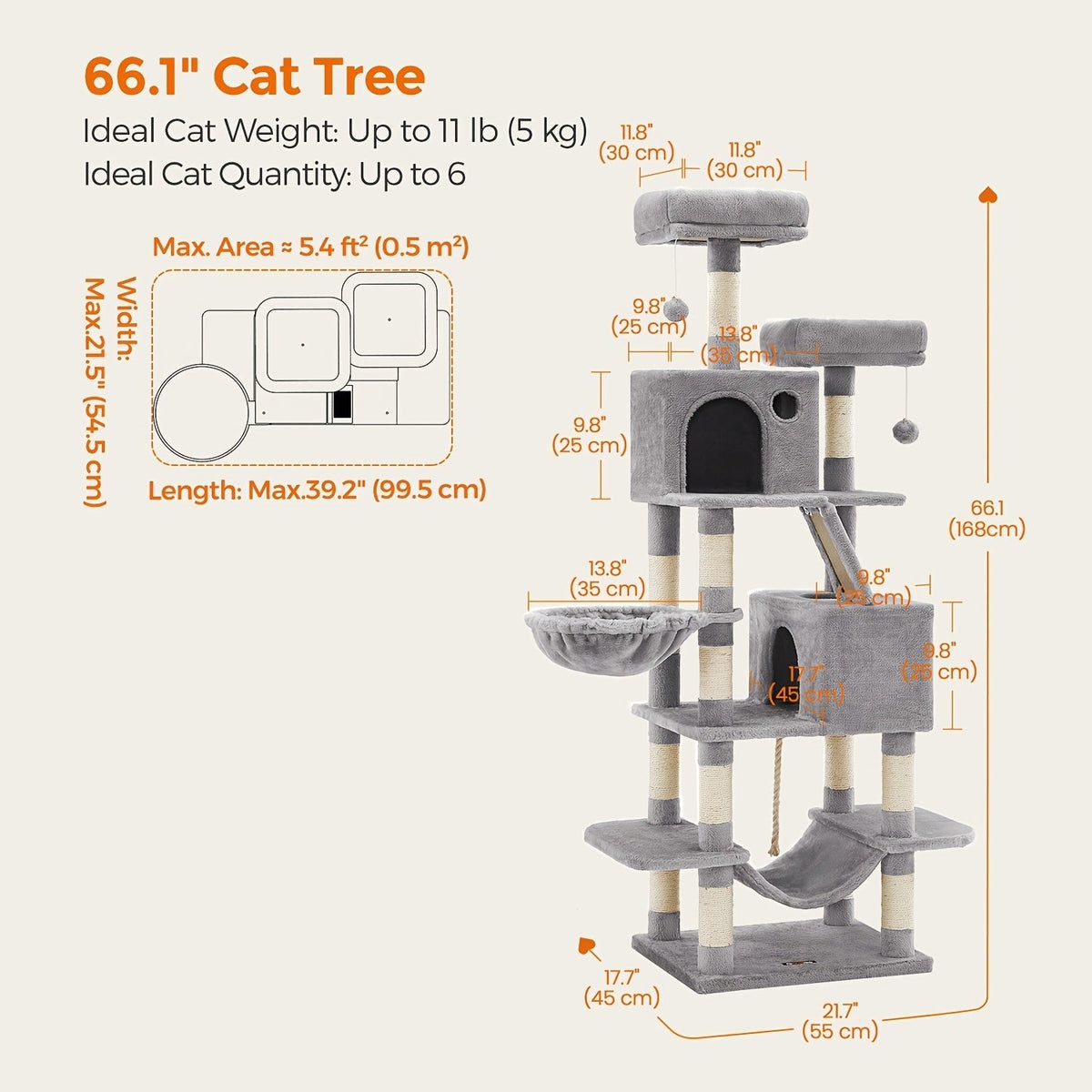 Multi-Level Cat Tree Tower 44-66 Inch with Hammock, Sisal Scratching Posts, Cozy Cave, Perches, and Anti-Tilt Stable Base for Multi-Cat Families, Kittens, and Cats