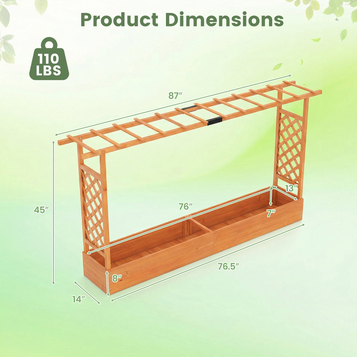 Raised Garden Bed with Trellis & Hanging Roof, 87"x14"x45", Fir Wood, 110 Lb Capacity, Drainage Holes, Detachable Bottom, Freestanding Elevated Planter Box for Climbing Plants, Vines, Vegetables & Flowers, Patio & Balcony