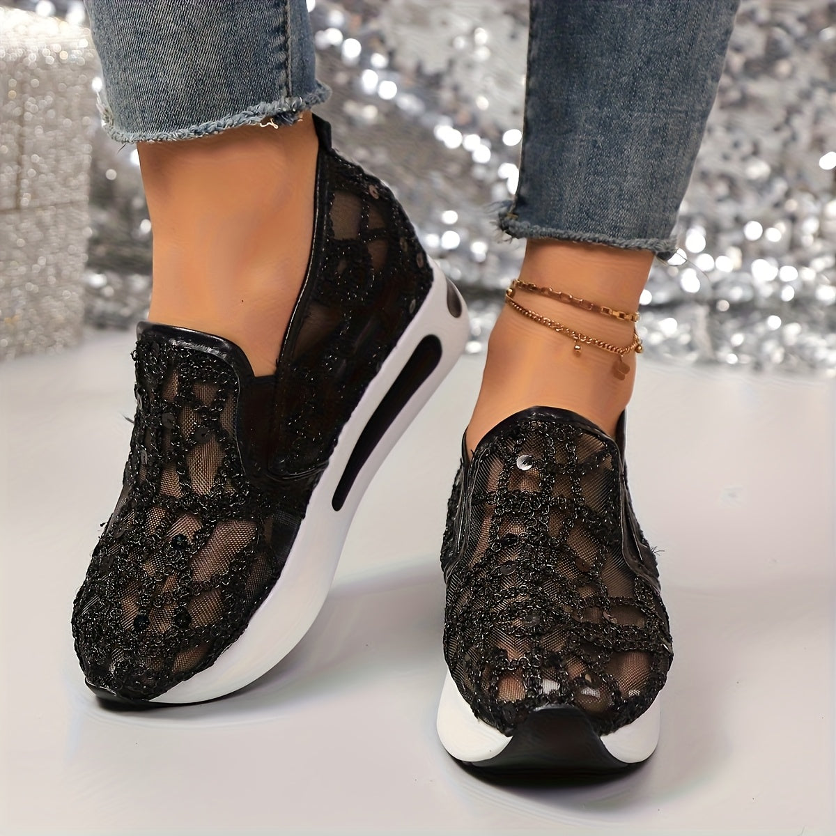 Women's Glitter Sneakers Thick-Heeled Height-Increasing – Breathable Mesh Perforated Shock-Absorbing PU Sole All-Season Casual Sports Shoes, 3 Colors, US Sizes 6–11.5