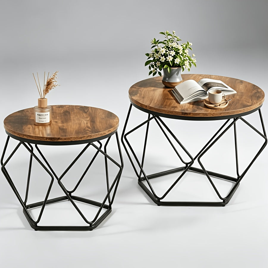 Set of 2 Modern Round Nesting Coffee & Side Tables with Hidden Storage Sturdy Geometric Frame for Bedroom & Living Room