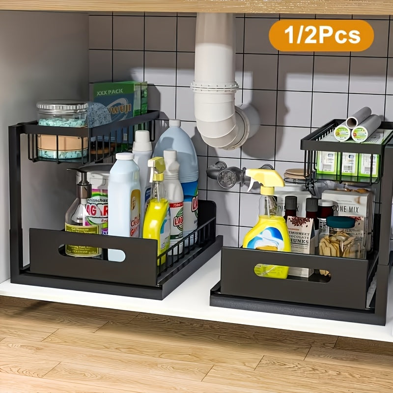Pull-Out Under Sink Organizer, 2-Tier Slide-Out Cabinet Shelf, Kitchen/Bathroom Utility Storage Rack, Sliding Cabinet Organizer for Under Sink, Kitchen, Bathroom, or Pantry – 1 or 2 Pack Options