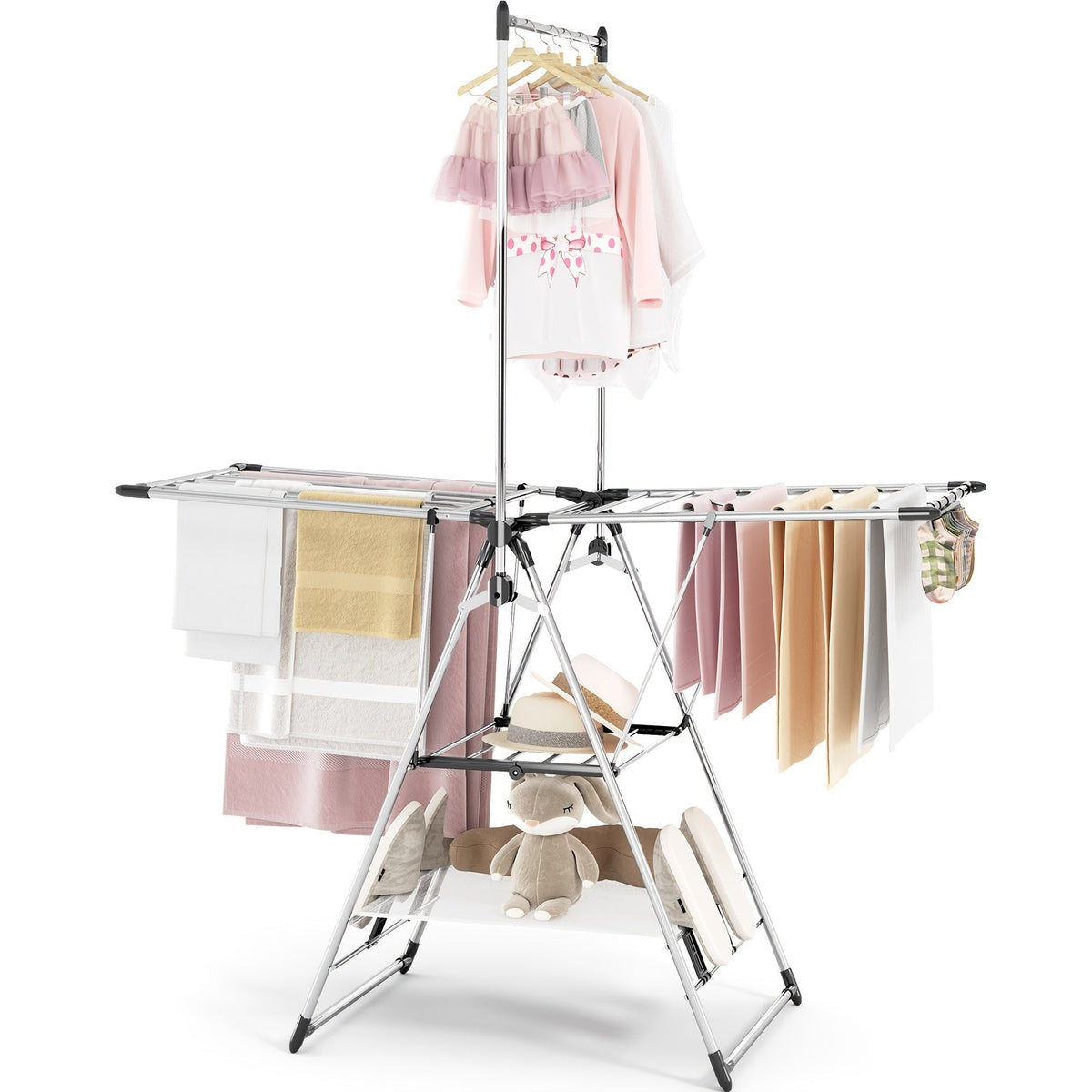 Foldable Laundry Drying Rack Two-Tier with Adjustable Wings – Clothes & Towel Drying Stand for Indoor Outdoor Home Use Space-Saving Collapsible Design