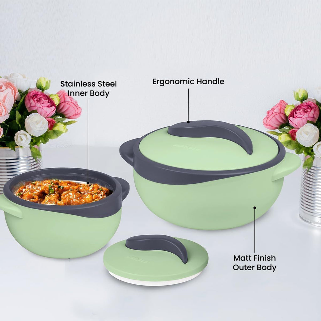 3-Piece Insulated Casserole Dish Set with Lids – 2.6 / 1.5 / 1 Qt Stainless Steel Thermal Food Warmer & Cooler Serving Bowls for Picnic Potluck & Entertaining in Green Blue & Pink