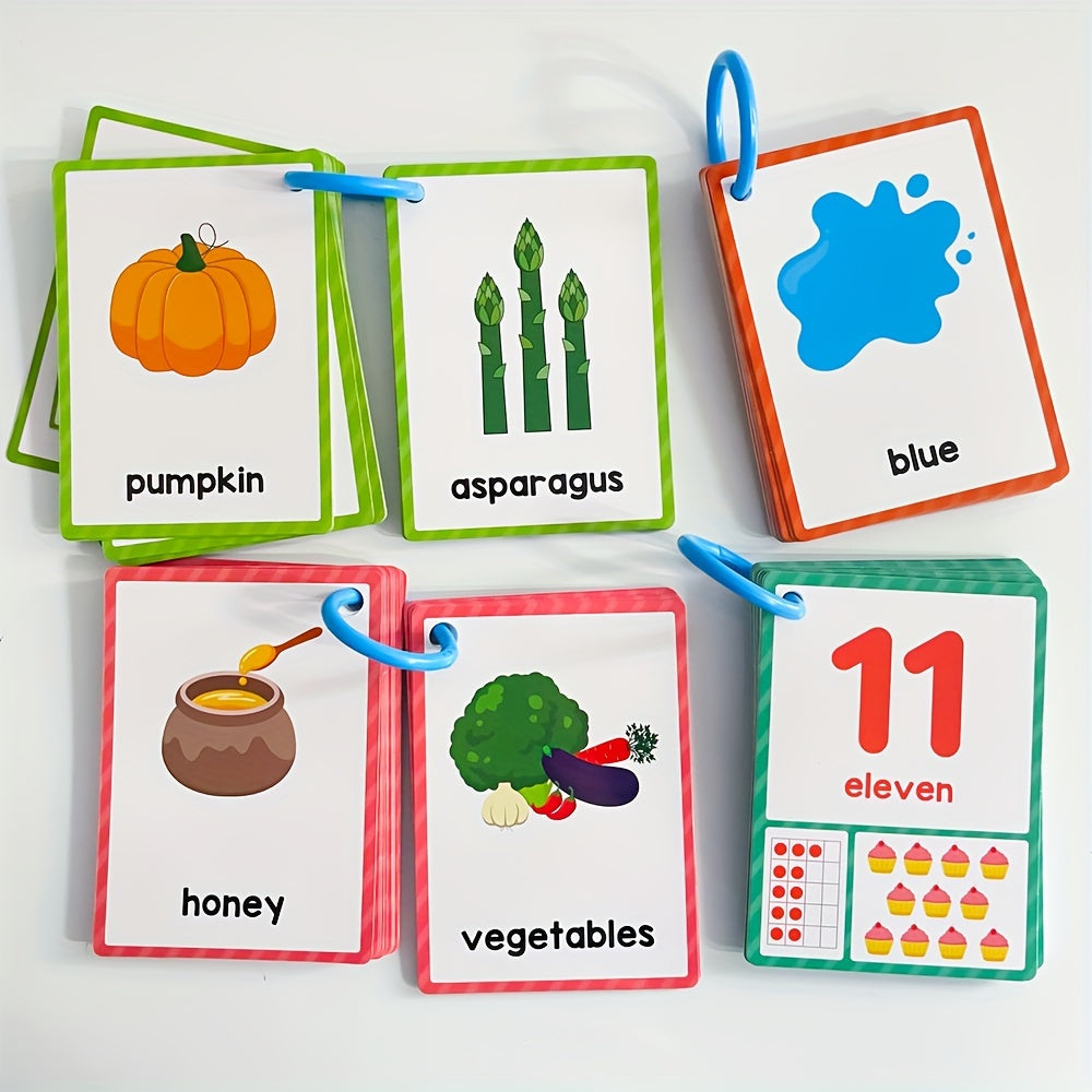 80pcs Educational Flash Cards for Kids: Numbers, Colors, Shapes, Fruits, Vegetables, Food Vocabulary with English Labels & 4 Sorting Rings - Durable Learning Flashcards for Toddlers, Preschool, Kindergarten