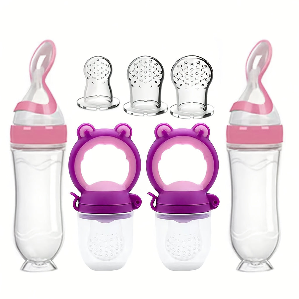 7-Piece Baby Feeding Set with Silicone Squeeze Bottles Spoons & Fresh Food Feeder Pacifiers, 3-Size Nipples, Complete Toddler Feeding Starter Kit, BPA-Free Baby Food Dispensing Set