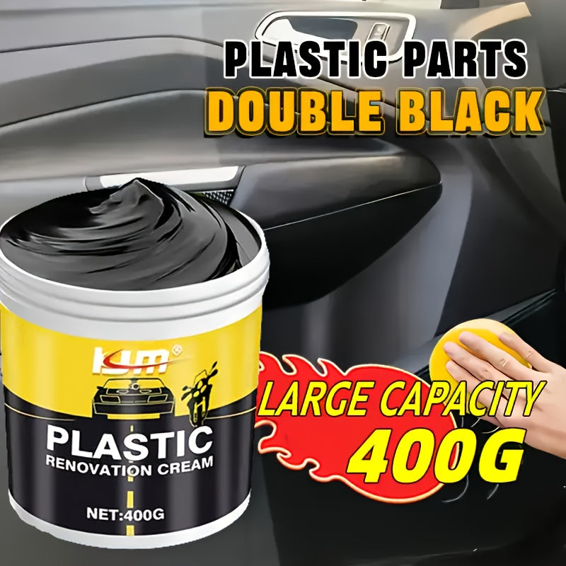 Car Plastic & Rubber Repair Cream All-in-One Trim Restorer Scratch Remover Tire Shine Wax, Anti-Cracking Anti-Aging Formula for Interior & Exterior Car Detailing, Includes Sponge