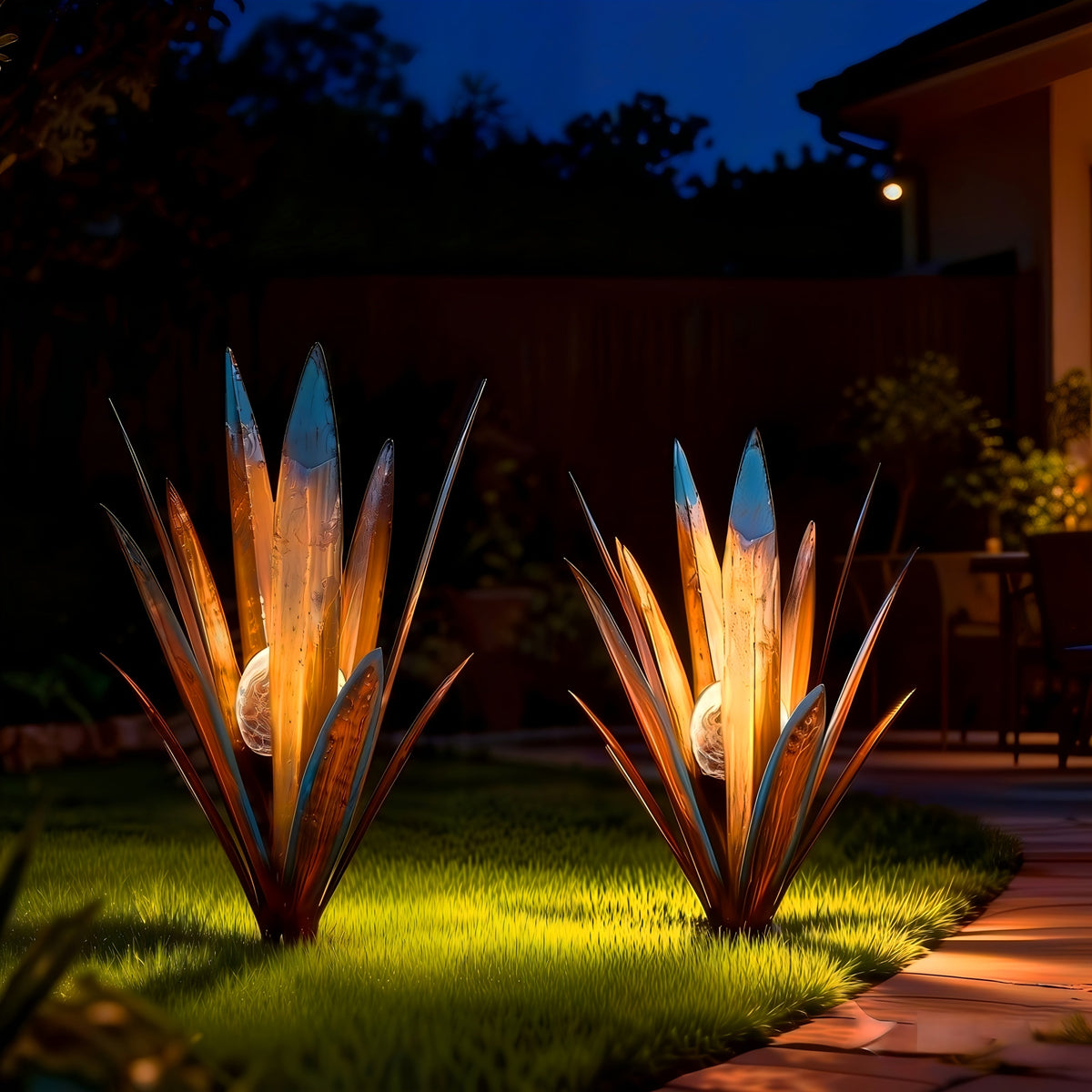 Solar Agave Stake Lights Outdoor Set of 2 Large and Small Metal Garden Pathway Lawn Courtyard Decor Plant Sculpture Light Bronze Green Orange Deep Red Sapphire Blue Hummingbird Butterfly