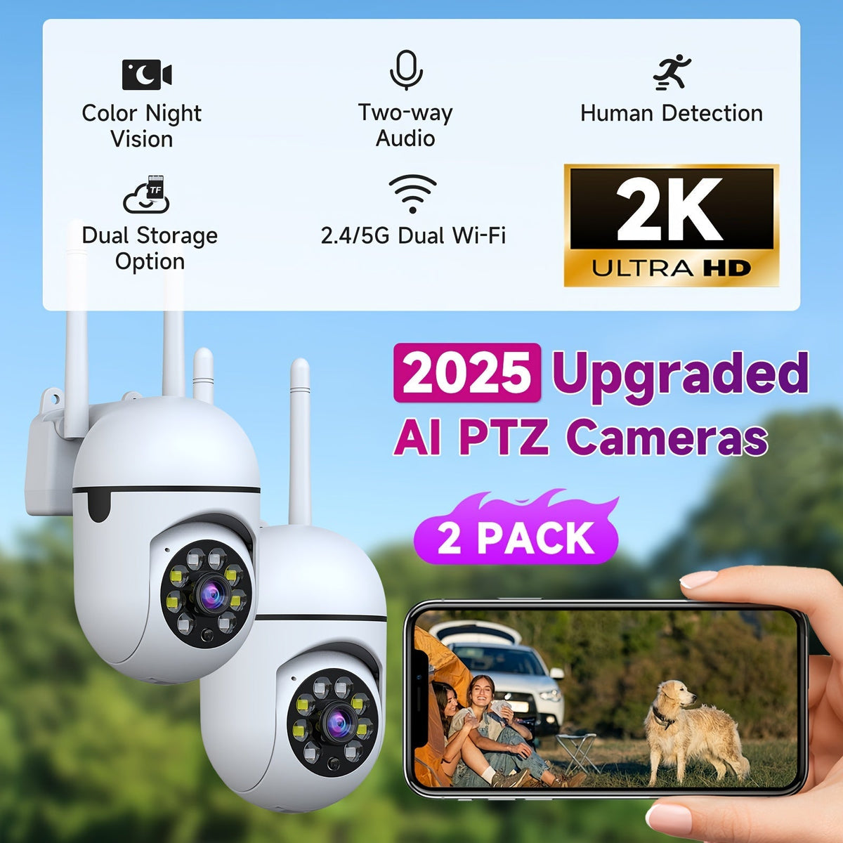 2-Pack 2K QHD PTZ WiFi Security Camera, 355° Pan – Dual-Band 2.4G/5G, AI Motion Detection, Color Night Vision, Two-Way Audio, Cloud & SD Storage, Baby Monitor, Indoor Home Surveillance Camera
