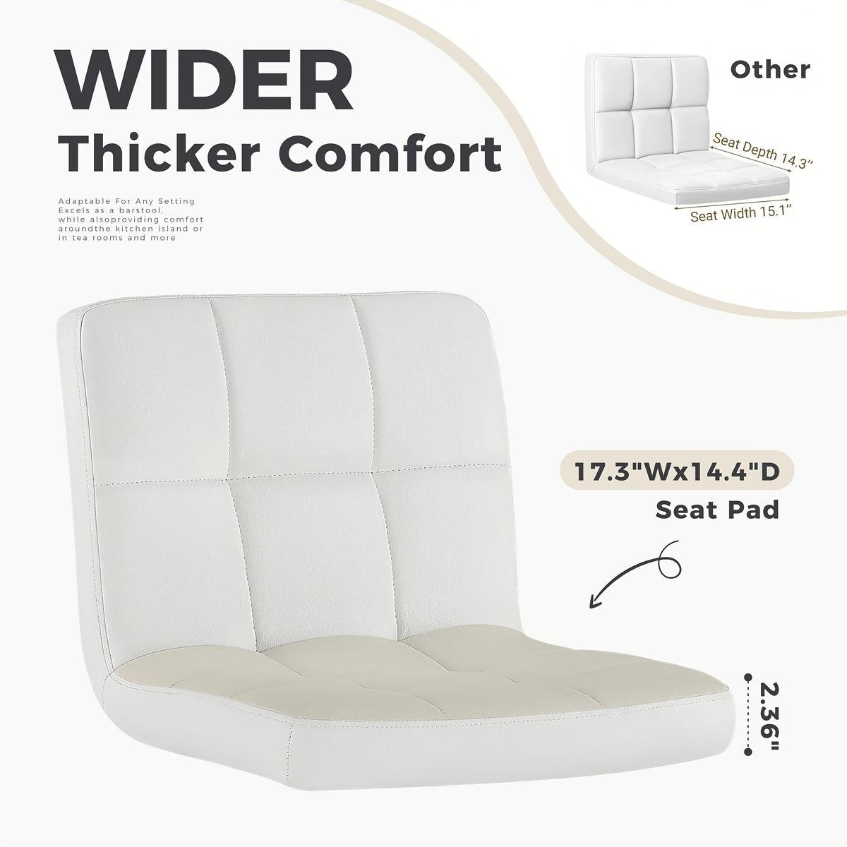 Adjustable Swivel Bar Stools Set of 2 Armless Hydraulic PU Leather with Thickened Seat Cushion & Backrest, Counter Height Kitchen Bar Chairs for Home Bar Island, White Black