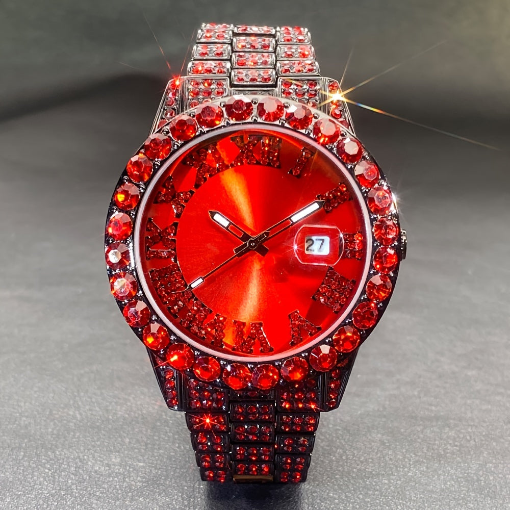Rhinestone Couple's Watch Set, Luxury Quartz Movement with Calendar and Luminous Display, Red and Ice Blue Rhinestone Fashion Party Gift Watches for Men and Women