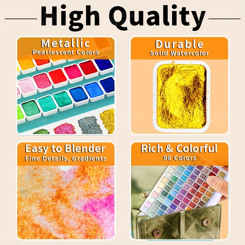 98-Color Metallic Shimmer Watercolor Paint Set, Premium Pearl Pigments in a Portable Case, High Lightfastness for Canvas Illustration, Scrapbooking, Decoration, and Art Supplies for Artists and Hobbyists