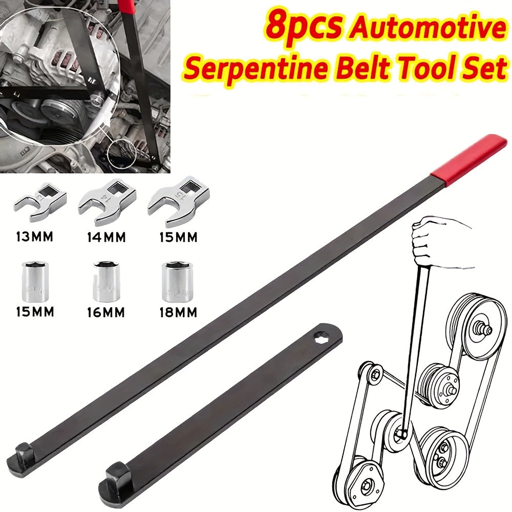 Serpentine Belt Tool Set 8/16 Piece - Universal 3/8" and 1/2" Drive Belt Tensioner Wrench, Idler Pulley Adjuster, Chrome Vanadium Steel, Professional Automotive Belt Removal and Installation Kit for Car Engine Repair