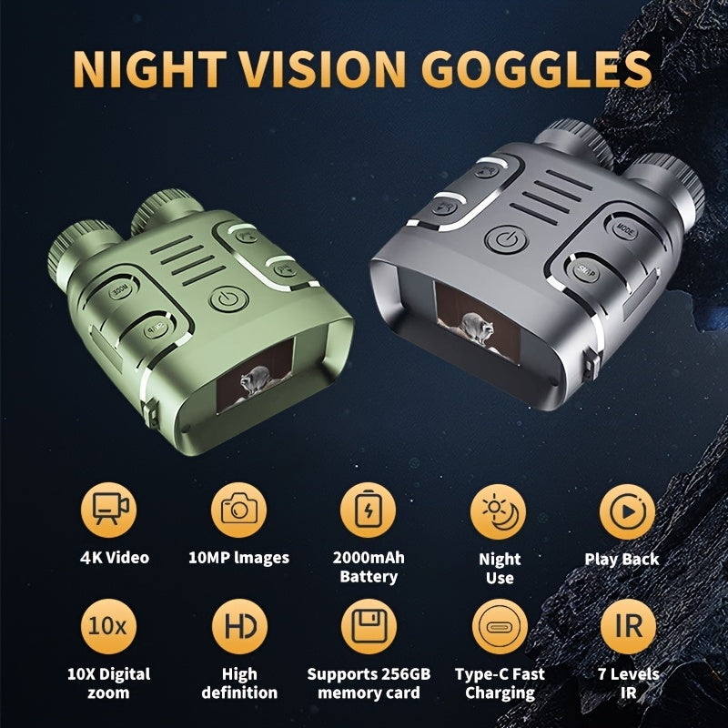 4K HD Night Vision Binoculars – 1000m Range 10x Digital Zoom 2.4" IPS LCD 2000mAh Battery Photo & Video for Hunting Boating Wildlife & Outdoor in Black & Yellow