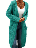 Plus-Size Women's Mid-Length Hooded Cardigan - Button-Detail Pockets & Long Sleeves - Solid Color Casual Outerwear - 0XL–5XL - Green, Black, Olive, Burgundy, Navy, Brown, Gray, Rose Red, Violet Blue & Lemon Yellow