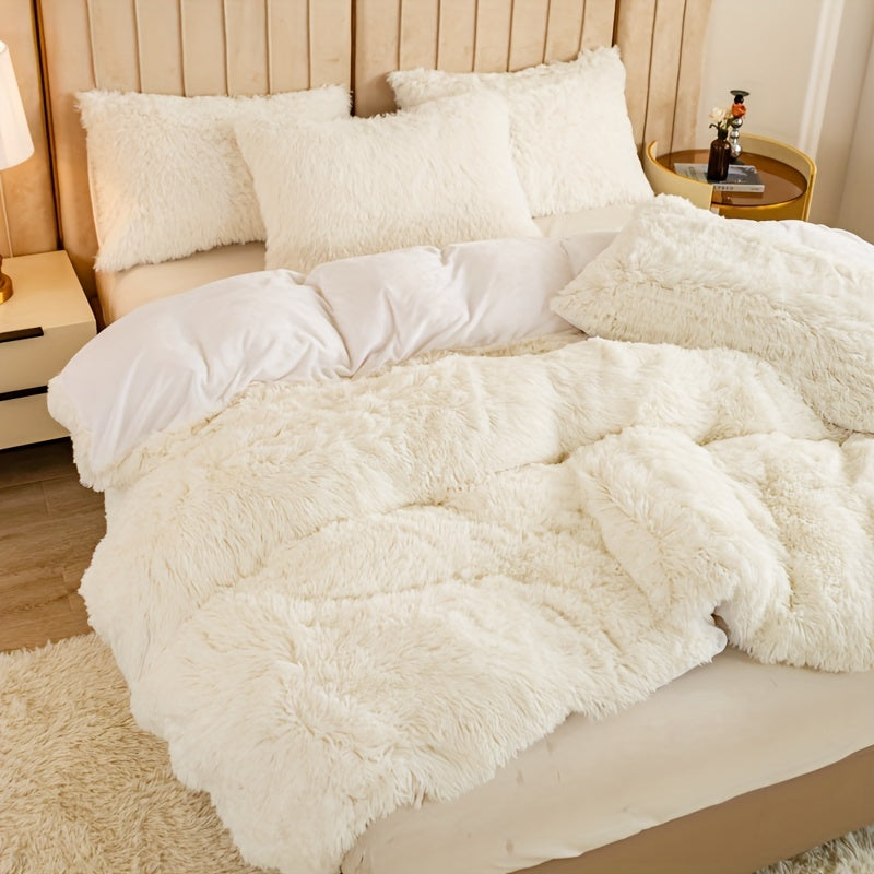 Plush Duvet Cover Set 3 Piece, Long Hair Knitted Polyester, Solid Color Fuzzy Comforter Cover with Zipper Closure, All-Season Soft Cozy Bedding Set for Bedroom, Multiple Colors Available