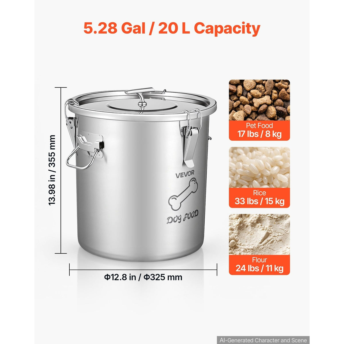 Stainless Steel Dog Food Storage Container 20L (5.28 Gal) Large Airtight Pet Food Bin with Lid & Dual Handles for Dogs and Cats - Metal Food Canister for Rice, Flour, and Coffee, Keeps Food Fresh, Easy to Clean