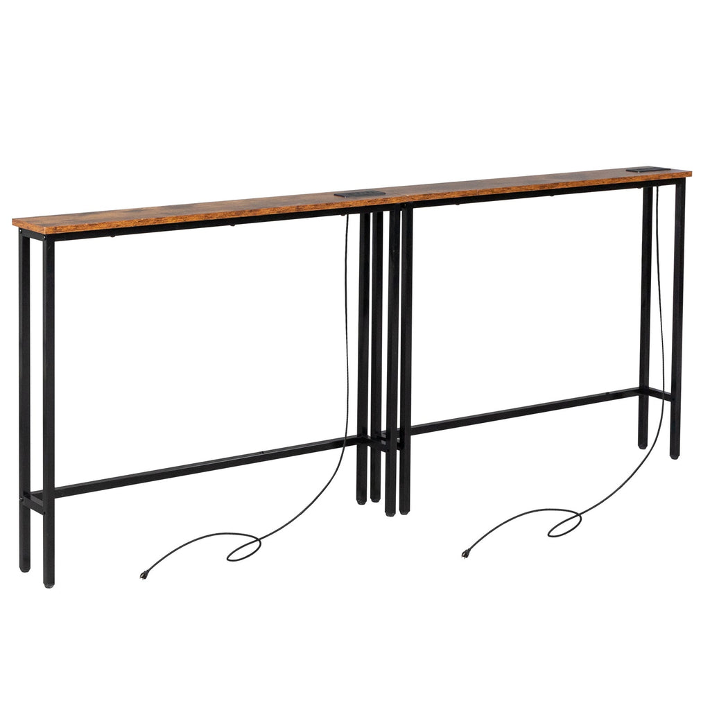 Narrow Console Table with Charging Station – Built-In Outlets USB Ports Metal Frame Slim Sofa Table 39.4" / 78.7" for Living Room Apartment in Rustic Brown Oak Black
