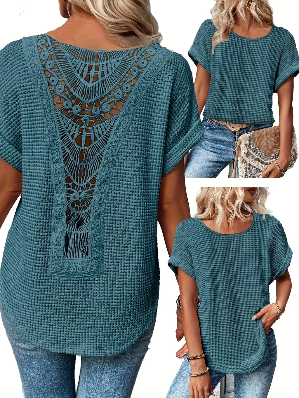 Lace Patchwork Round Neck Short Sleeve T-Shirt Women's Summer Casual Flowy Top Peacock Blue Khaki Black White S M L XL XXL