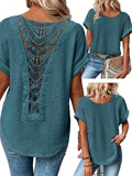 Lace Patchwork Round Neck Short Sleeve T-Shirt Women's Summer Casual Flowy Top Peacock Blue Khaki Black White S M L XL XXL