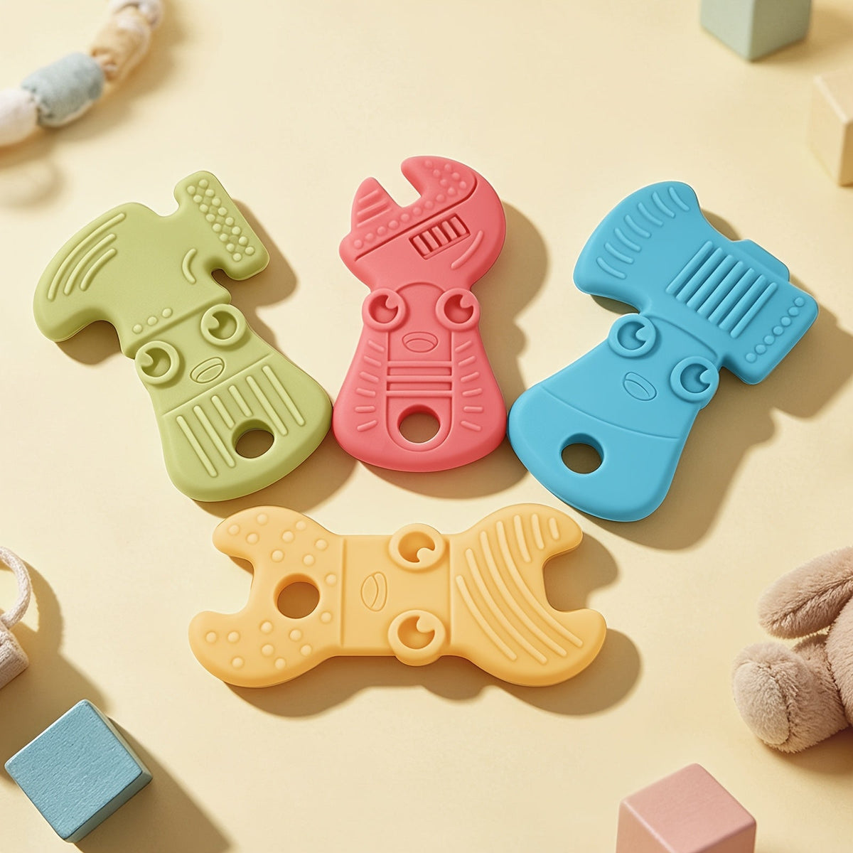 4-Pack Silicone Baby Teething Toys Set, Tool-Shaped Molar Teether Chew Toys (Hammer Wrench Spanner Pliers) for Boys & Girls 0+, Soft Textured Easy to Hold & Clean, Light & Dark Color Series