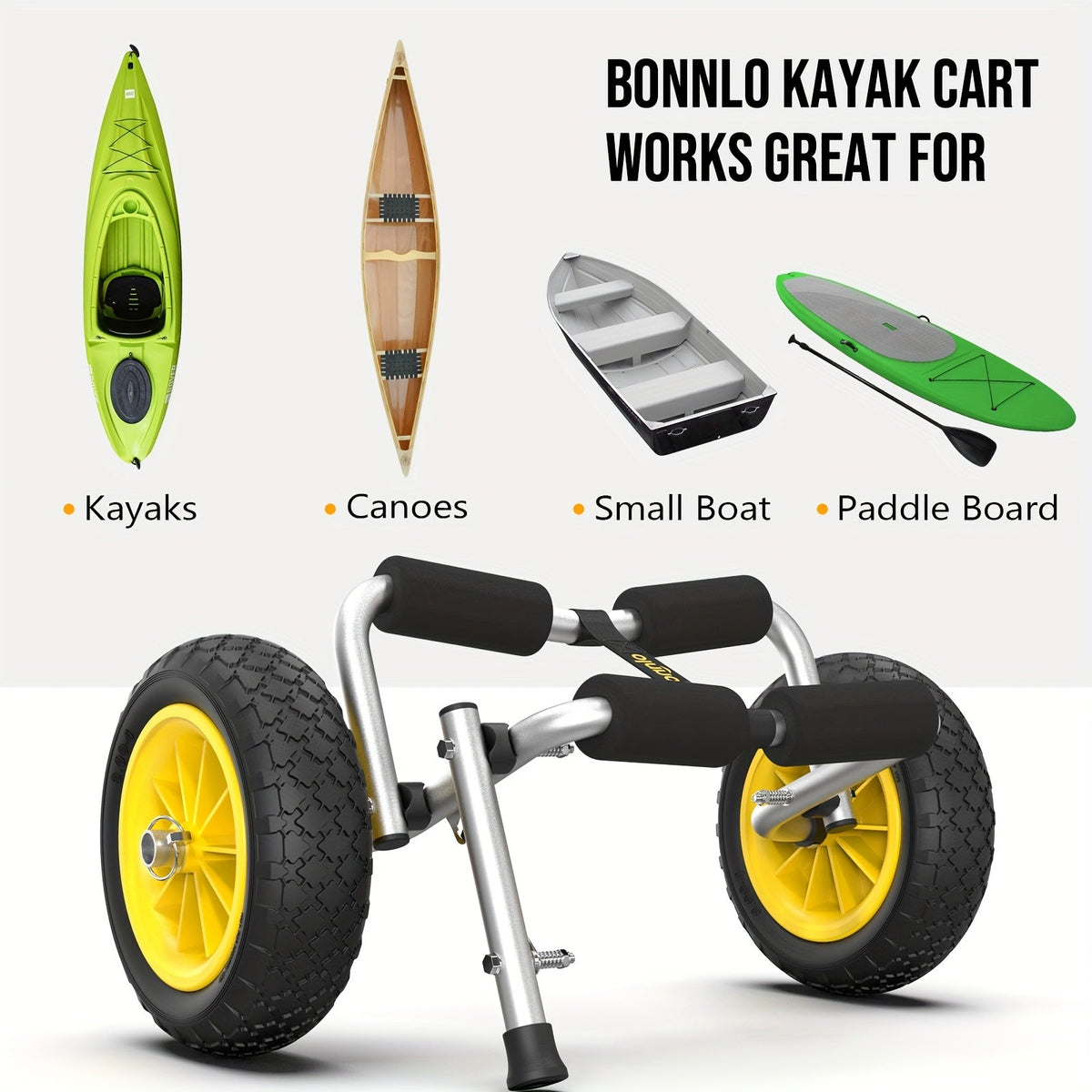 Bonnlo Portable Kayak Trolley Cart, Collapsible Cast Aluminum Alloy with 10" Solid Wheels - Fits Canoes, Paddle Boards, Jon Boats, Float Mats & Watercraft Transport