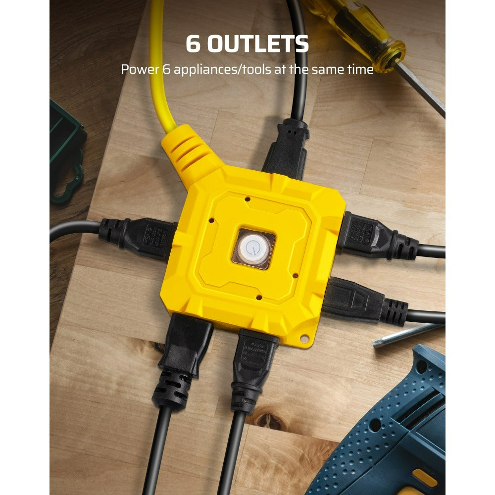6-Outlet Extension Cord 25ft - Heavy Duty Power Strip with Long Cord for Home Office Garage Workshop - Yellow, Black & Transparent Options