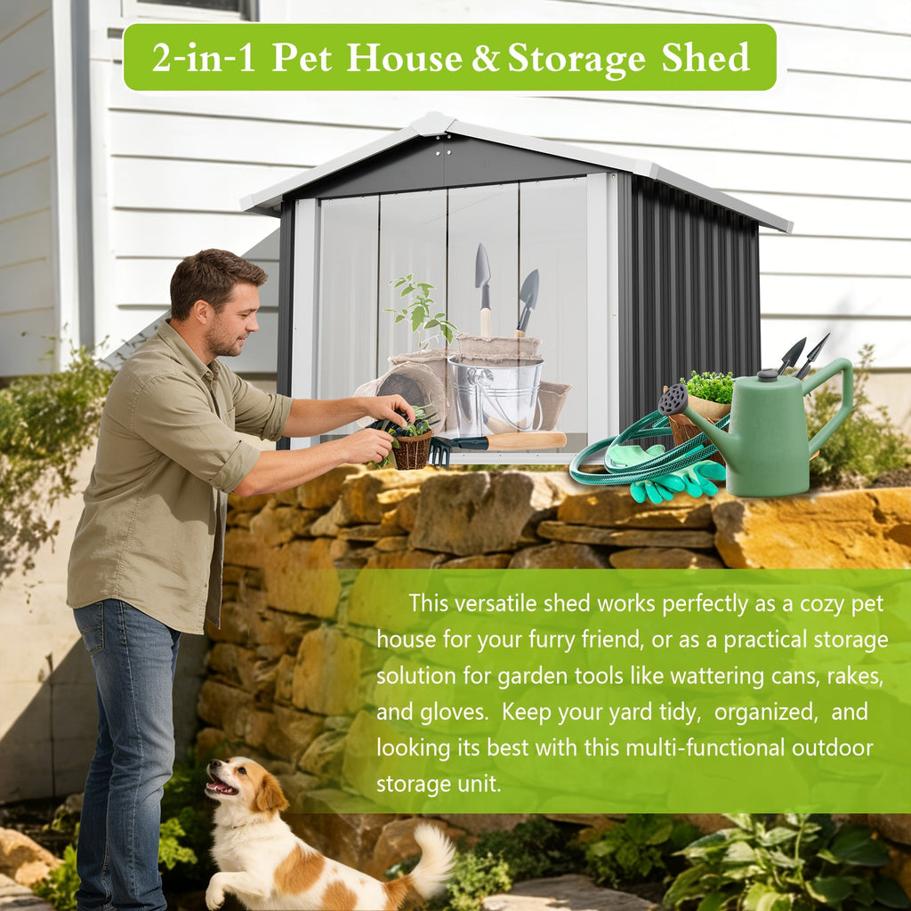 2-in-1 Metal Dog House & Storage Shed 39.7" x 35.8" x 33.3" Weather-Resistant Sloped Roof Elevated Floor Ventilation & PVC Door for Medium to Large Dogs – 30-Min Assembly