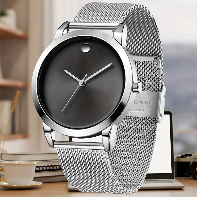 Men's Minimalist Stainless Steel Band Quartz Watch, Slim Round Dial, Casual Fashion Everyday Wear, Gift for Him, Silver Brown