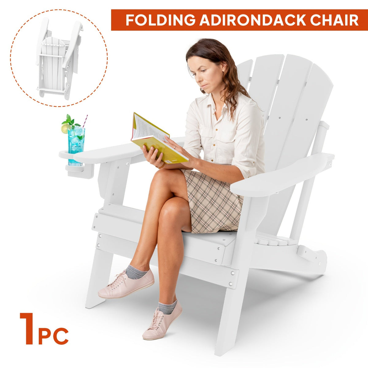 Folding Adirondack Chair with Cup Holder Portable Recliner Stainless Steel Frame Durable Plastic Easy Clean for Patio Poolside Garden Camping Set of 1 2 4 6