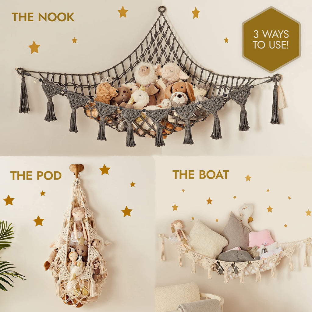 Macrame Stuffed Animal Storage Net Hammock Extra Large, Boho Plush Toy Organizer Holder for Kids Room Nursery Wall Decor, Fits Small & Large Stuffed Animals, Dreamcatcher Style