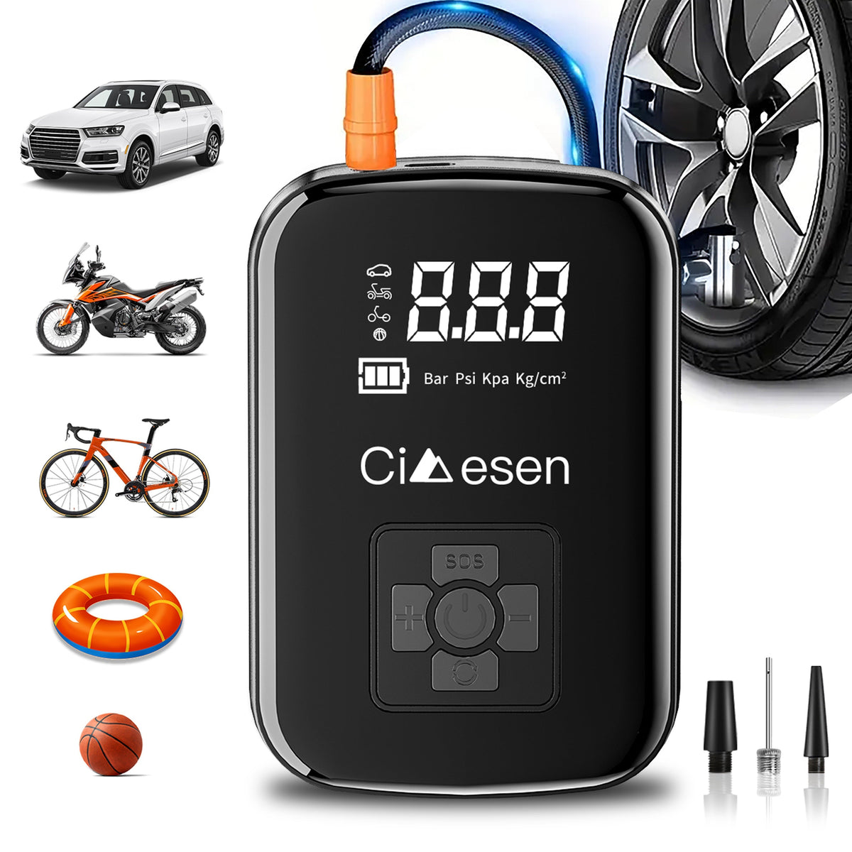 Portable Tire Inflator, 100W Cordless Air Pump, 4000mAh Battery, 30-Second Inflation, 5 Modes, Digital PSI Display, Type-C Charging, LED Light, Multi-Nozzle for Car, Motorcycle, Bicycle, Ball