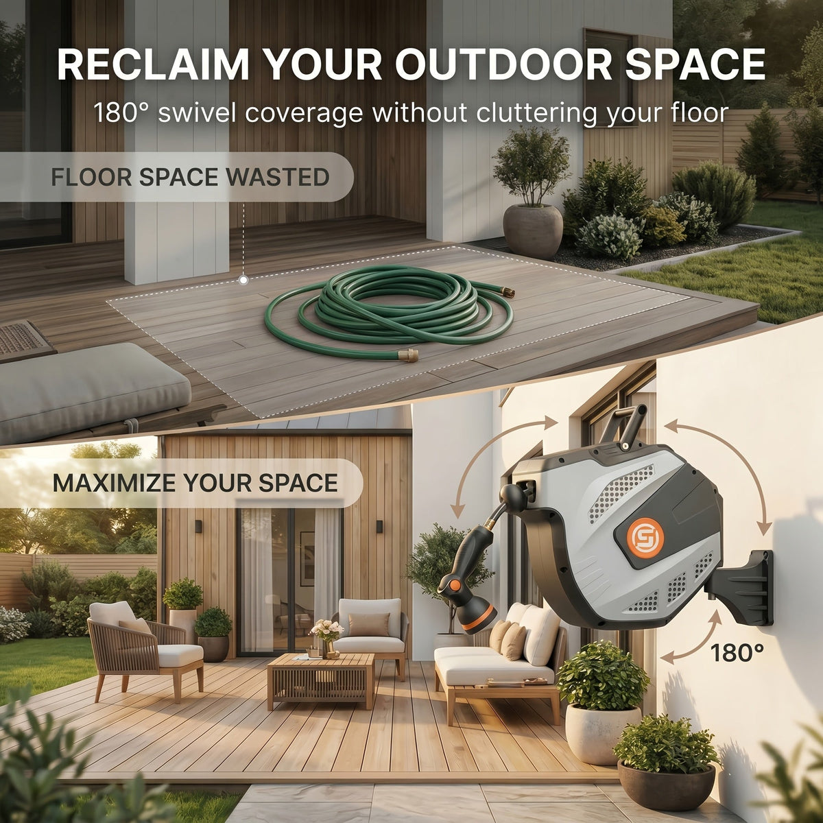 Retractable Wall-Mounted Garden Hose Reel – 33 / 50 / 85 / 115 FT, Auto Rewind, Any-Length Lock, 180° Swivel, 10-Function Nozzle, 3/4" Brass Fittings, UV-Resistant – Nova Mart