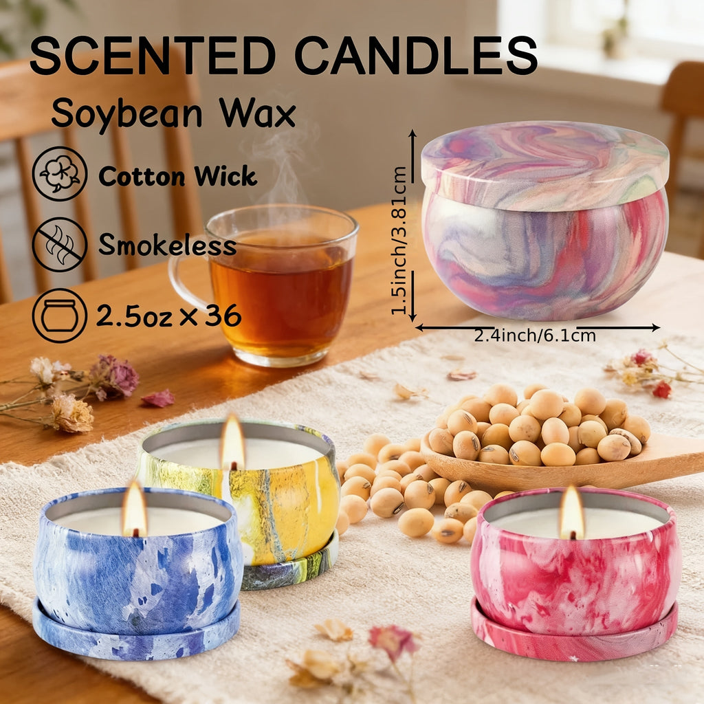 36-Pack Scented Candle Gift Set – Natural Soy Wax Aromatherapy Travel Tin Candles for Yoga Spa Bedroom & Bath in Multicolor Marble & Victoria (Mother’s Day Valentine’s Day Birthday Gift)