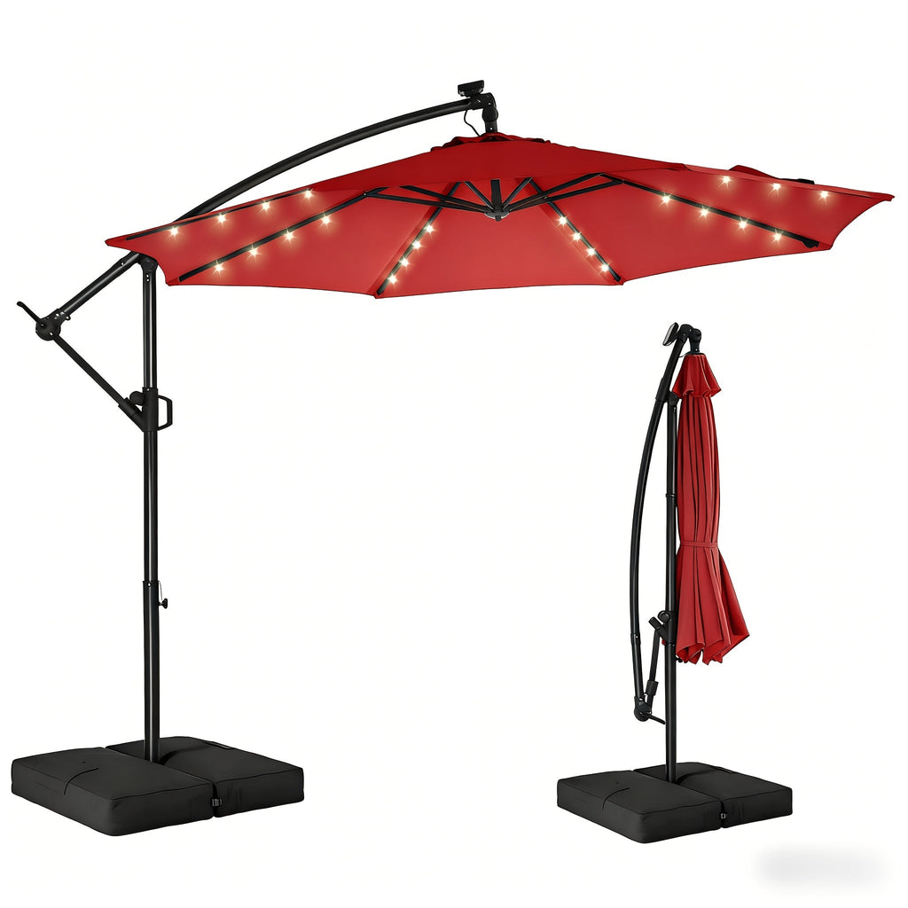 10ft Solar LED Offset Cantilever Patio Umbrella with Base, UPF50+ UV Protection, 32 LED Lights, 8-Rib Steel Frame, Easy Tilt & Crank, Wind-Resistant, for Garden Deck Backyard Pool