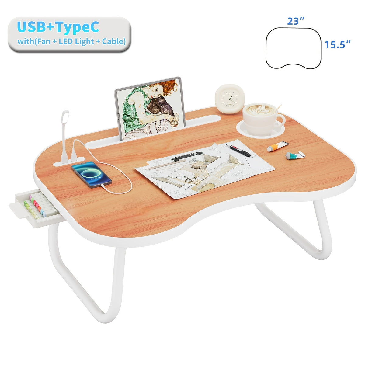Laptop Desk with USB Port, Storage Drawer & Cup Holder – Walnut Wood Bed Tray Table for Eating, Writing, Sofa, Couch, Adults, and Students