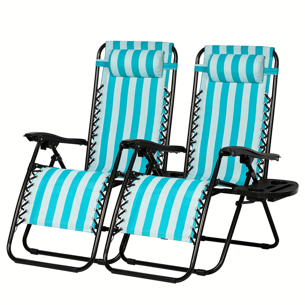 Set of 2 Zero Gravity Recliner Lounge Chairs – 500 LB Capacity Lockable Reclining Detachable Tray Cup Holder for Patio Lawn Garden & Beach in Blue Brown & Stripe Patterns