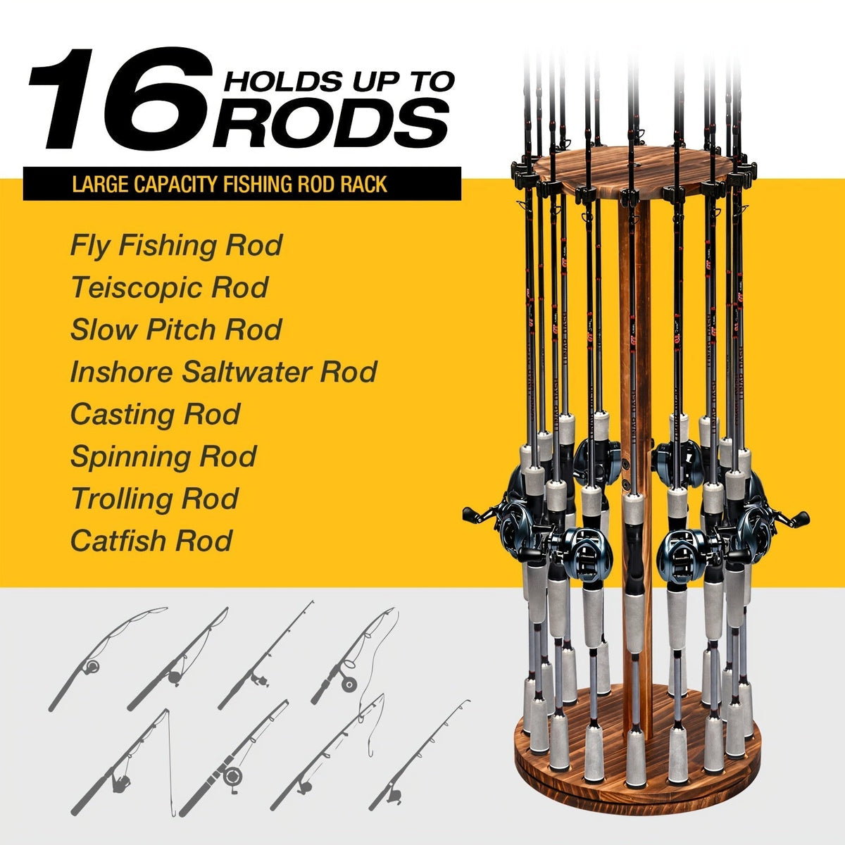 Circular Wooden Fishing Rod Rack Holds 16 Rods, Space-Saving Fishing Pole Organizer for Garage, Shed, Man Cave – 360° Rotating & Fixed Options, Sturdy Wood Construction, Fisherman Gift