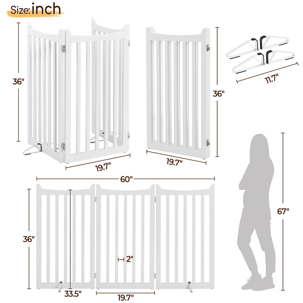 Freestanding Wooden Dog Gate 3-Panel with Door, 24"/36" Height, Anti-Scratch, Two Support Feet, Indoor Pet Barrier for Doorway Stairs Hallway, for Small Dogs & Puppies, White