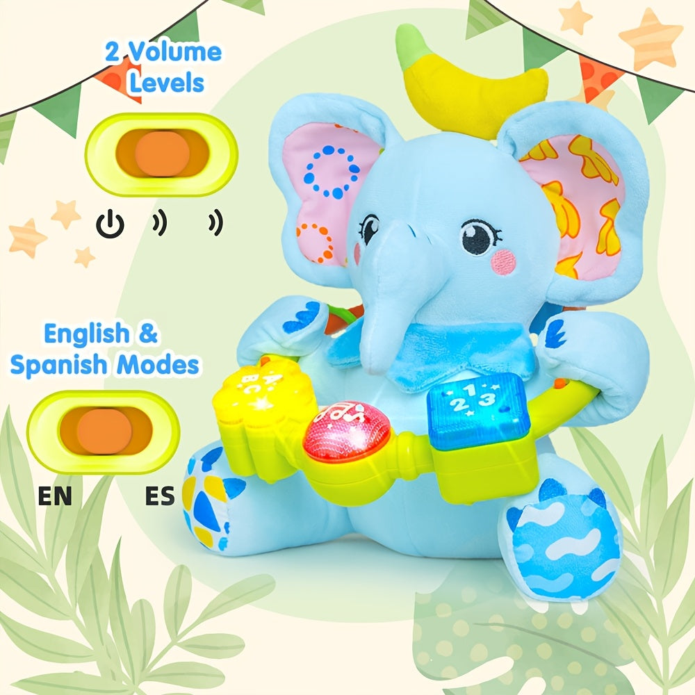 Baby Musical Plush Toy for 0-12 Months, Early Bilingual Learning Toy with Light Music & Squeak for Tummy Time, Blue Elephant Pink Elephant & Pink Bunny, Easter Christmas Birthday Gift for Baby Boys & Girls