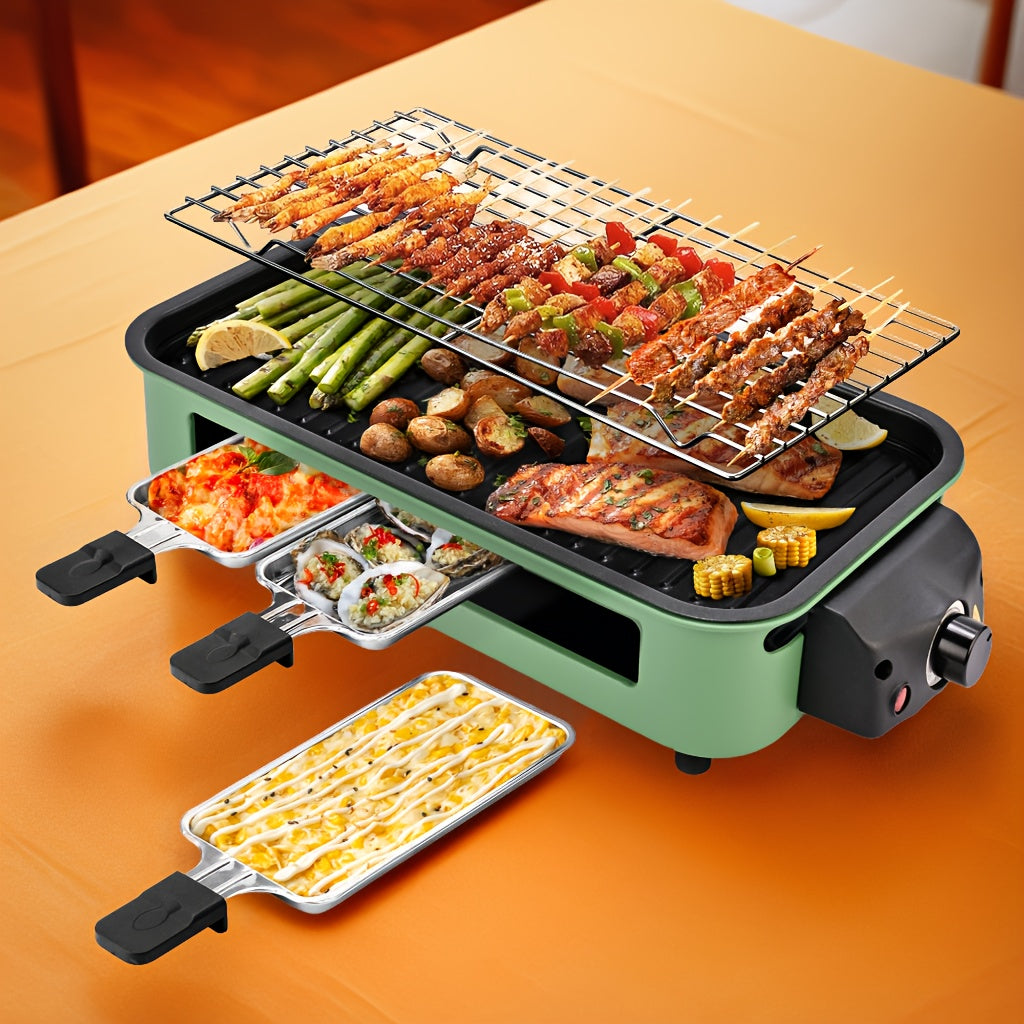 Indoor Smokeless Electric Grill with Raclette Pans - 1500W, 16x9" Non-Stick Detachable Plate, Dishwasher Safe for Grilling, Roasting & Cheese Melting - Beige, Black & Green