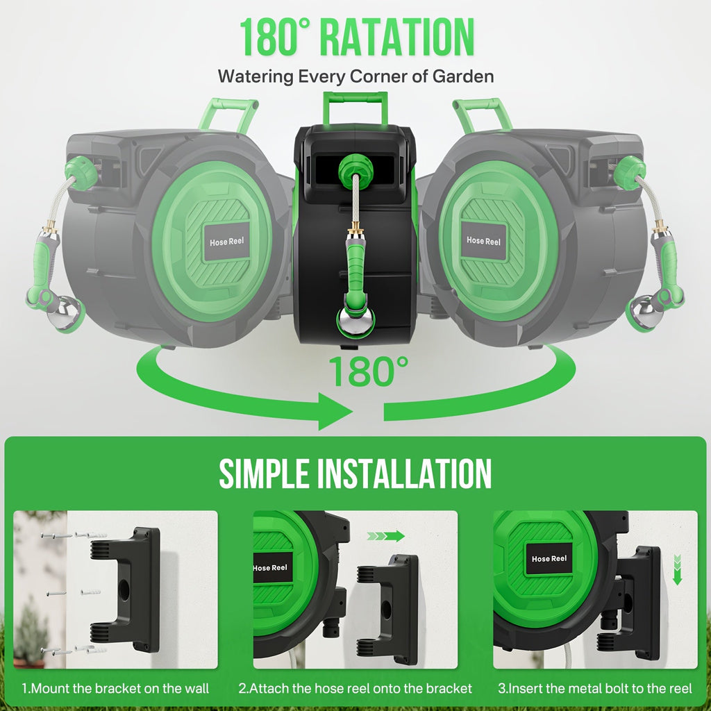 Retractable Garden Hose Reel 100ft/150ft Wall Mounted Auto Rewind, 10 Spray Modes, 3-Layer PVC 200PSI, 180° Swivel for Outdoor Gardening Patio Car Wash & Pet Shower – Freeze-Proof, Brass Fittings