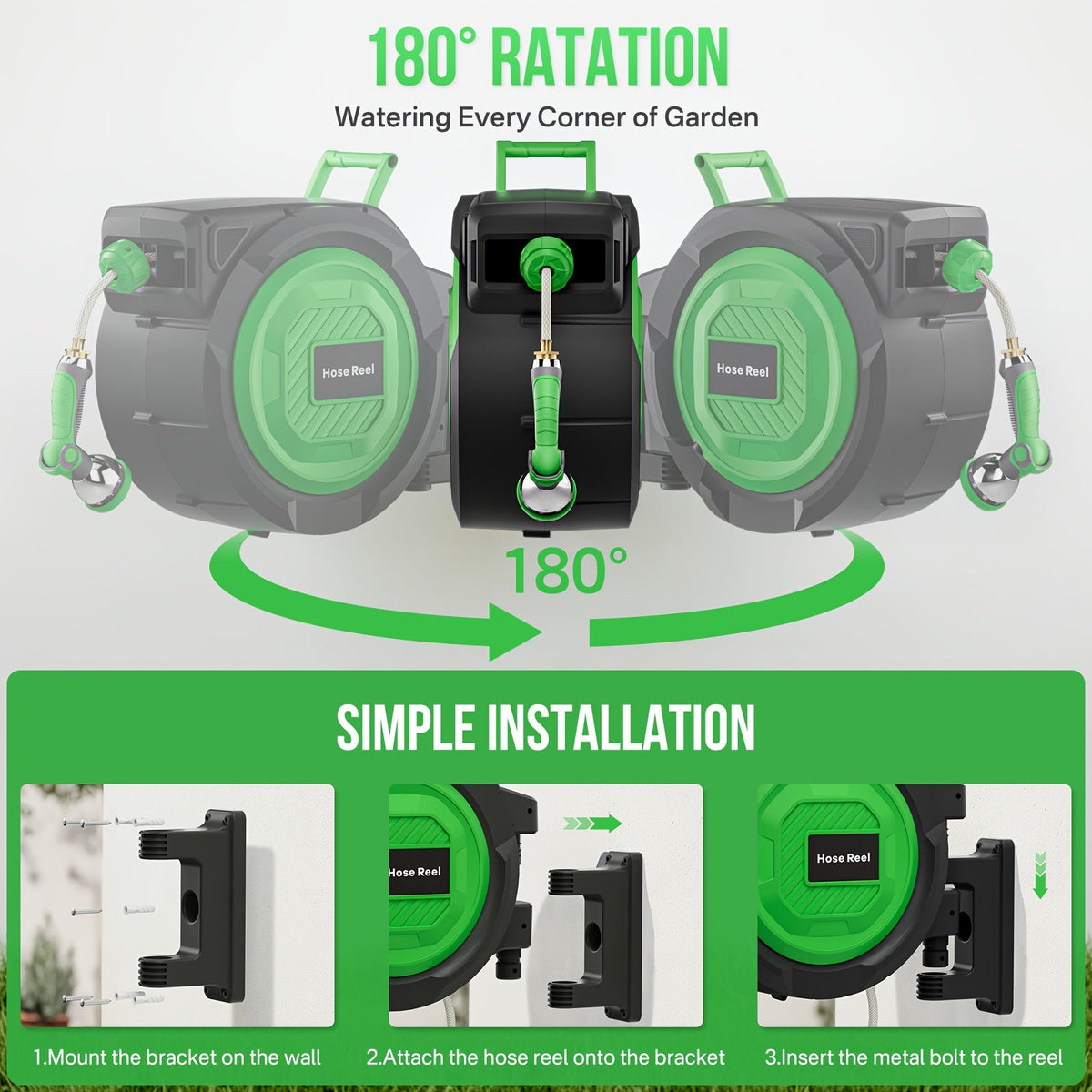 Retractable Garden Hose Reel 100ft/150ft Wall Mounted Auto Rewind, 10 Spray Modes, 3-Layer PVC 200PSI, 180° Swivel for Outdoor Gardening Patio Car Wash & Pet Shower – Freeze-Proof, Brass Fittings
