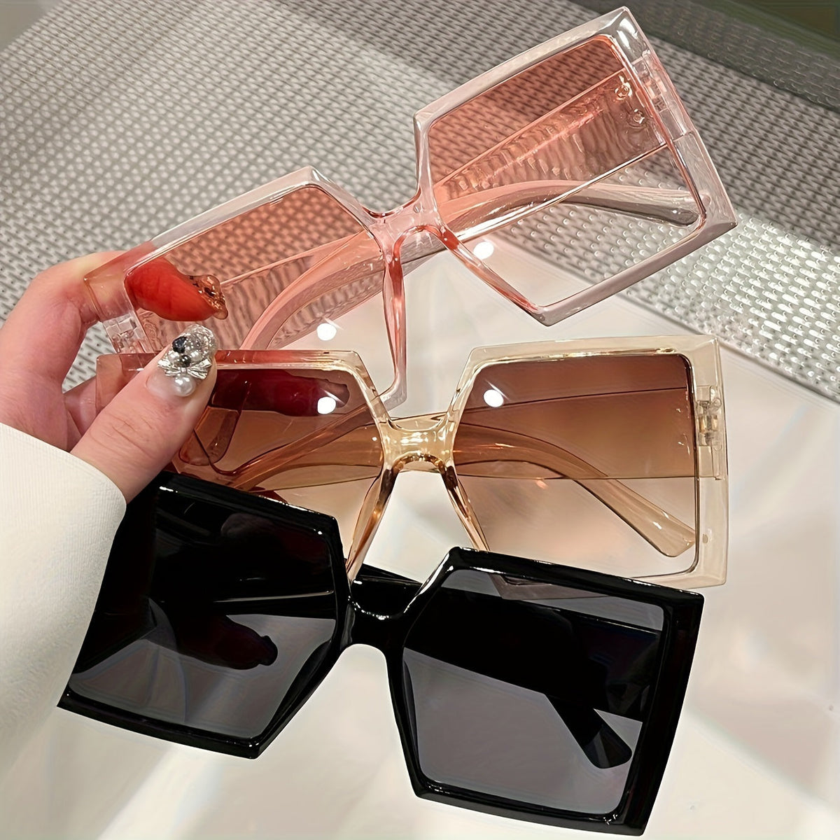3-Pack Women's Oversized Flat Top Fashion Sunglasses Set - Large Square Frame Trendy Retro Eyewear in Pink, Champagne, and Black for Beach, Driving, Travel & Everyday Style