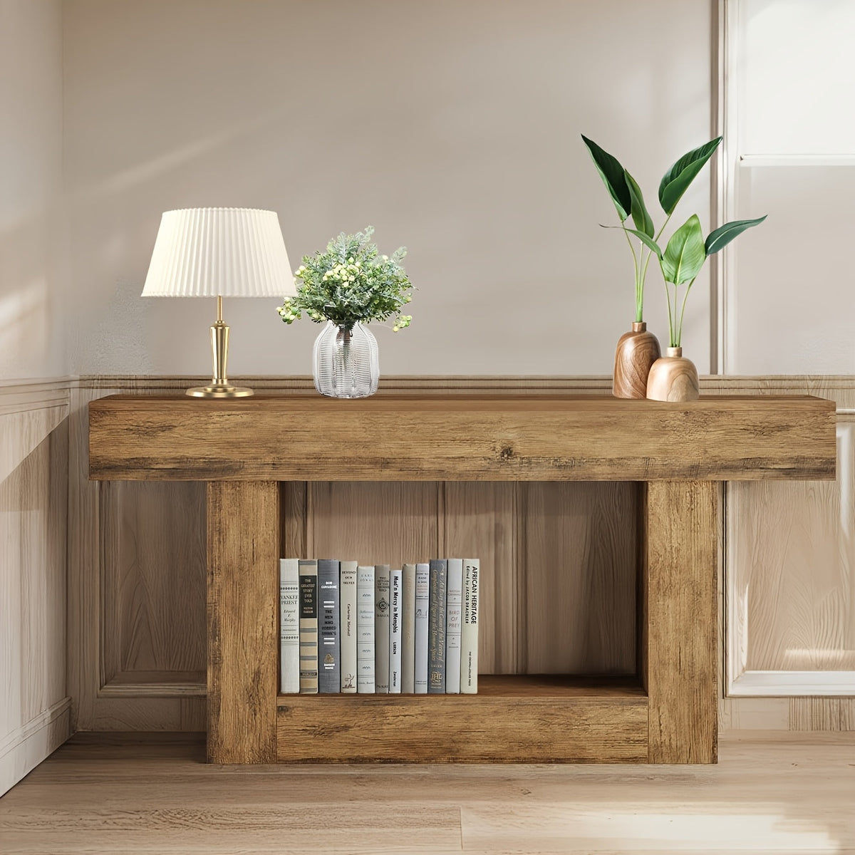 Farmhouse Console Table with U-Shaped Base & Bottom Shelf, Rustic MDF Entryway Table for Living Room Hallway Foyer Corridor, Country Style Sofa Table with Storage, Durable Modern Rustic Decor