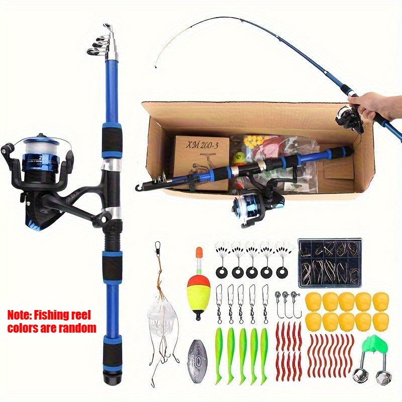 Complete Fishing Tackle Set with Rod, Reel, Line, Soft Baits, and Hooks, Fast Action, Ambidextrous, for Freshwater and Saltwater Fishing - Beginner Angler Outdoor Gift, Blue/Green